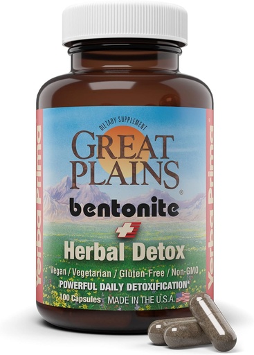 [BRSWGZL2CQNQ22DB] Yerba Prima Bentonite Clay Plus Herbal Detox, 100 Veg Capsules - Food Grade Clay from The Great Plains, USA - Colon & Liver Cleanse Supplement with Calcium Clay