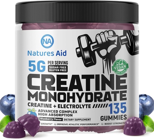 [BRSREYIDAEHBGHTX] Natures Aid Creatine Monohydrate Gummies (5g) – Pre-Workout Energy & Muscle Growth Support for Men &amp; Women ← Blueberry Electrolyte Gummies (135 Conde)
