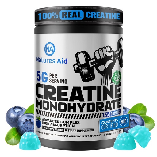 [BRSREYIDAEHBGHTX] Natures Aid NSF Certified Creatine Gummy 5g - Creatine Monohydrate Gummies – Pre-Workout Energy & Muscle Growth Support for Men & Women | Blueberry Electrolyte Gummies (135 Count)