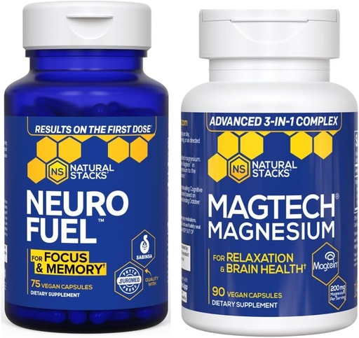 [BRSRAGQ6A5YQG2YV] Natural STACKS MagTech MagTech magnesio + NeuroFuel Nootropic Bundle - Apoia a relaxación, foco e saúde cerebral - 165 cápsulas totais