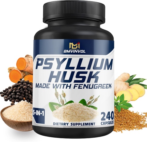 [BRSRA233CECRQH3X] BMVINVOL Psyllium Husk כמוסות סיבים עם Fenugreek, Turmeric, ג'ינג'ר, Black Pepper - תמיכה במערכת העיכול, Intestinal Health - 240 הרוזן במשך 4 חודשים אספקת אספקה