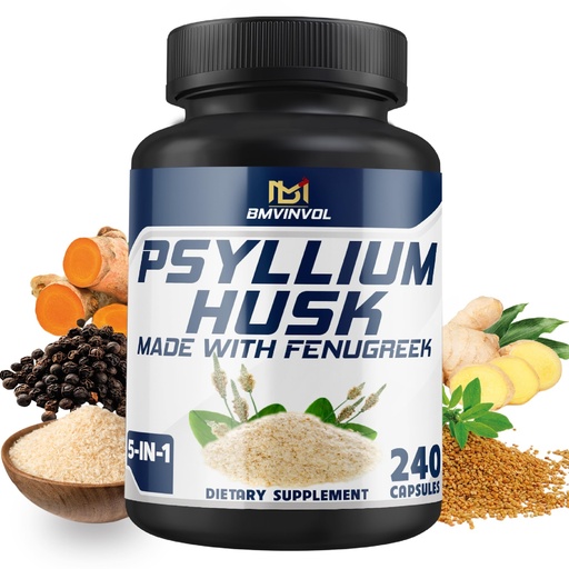 [BRSRA233CECRQH3X] BMVINVOL Psyllium Husk Capsules Fiber Supplement with Fenugreek, Turmeric, Ginger, Black Pepper - Support Digestive System, Intestinal Health - 240 Count for 4 Month Supply