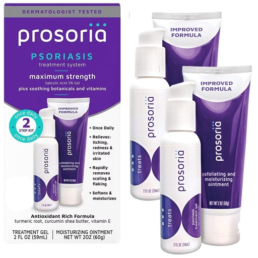 [BRSWG23YBZ4AKYLP] Prosoria Treatment System Double Kit – 2oz | Powerful Psoriasis Relief with Salicylic Acid, Turmeric, Shea Butter & Vitamins | Gel & Ointment for Scaling, Flaking, Dryness, Itching & Redness Relief