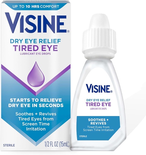 [BRSWGZQCBZ7QMETU] Visine Dry Eye Relief Tired Eye Lubricant Eye Drops, Moisturizing & Soothing Sterile Drops for Irritated, Dry & Tired Eyes Due to Screen Time Irritation, Polyethylene Glycol, 0.5 fl. oz