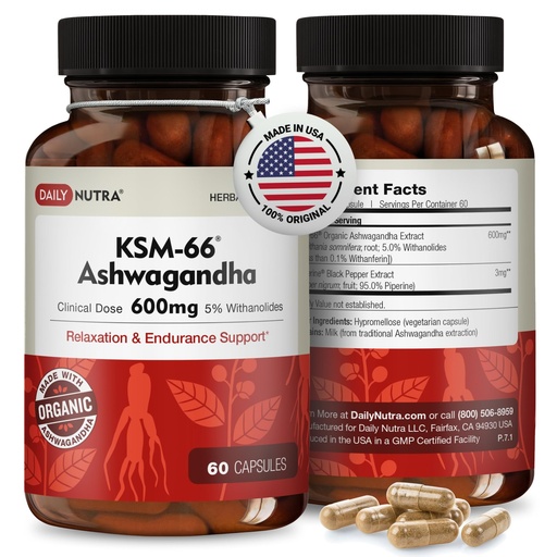 [BRSRMZLROICAGEYY] DailyNutra KSM-66 Ashwagandha 600mg Organic Root Extract - High Potency Supplement with 5% Withanolides | Relieves Tiredness, Supports Relaxation, Focus, Energy, & Muscle Growth (60 Capsules)