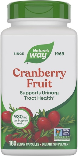 [BRSWIYQPO4IGG2I5] Nature's Way Cranberry Fruit, Cranberry Supplements, Supports Urinary Tract Health*, 930 mg per 2-Capsule Serving, 180 Capsules (Packaging May Vary)