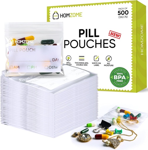 [BRSRAZYPPMMAECL5] Homezome Pill Pouch Bags 6 mil Pack berisi 500- BPA Free 3x2.75 inci Pill Pouches untuk Medicine dengan menulis di Label Clear Ziplock Kecil Bags untuk Pills, Jewelry dan Travel Pill Organizer