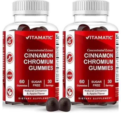 [BRSRMYD4A4OW2H3B] Vitamatic Chromium 100 mcg & Ceylon Cinnamon 50 mg Gummies per Serving– Sugar-Free Supplement – Vegan, Non-GMO, Gluten-Free – Plant-Based Gummies – 60 Count – 2 Pack (120 Count)