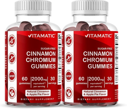[BRSRMYD4A4OW2H3B] Vitamatic Sugar-Free Chromium Gummies with Ceylon Cinnamon – 2000 mg Equivalent Per Serving (from Extract 83 mg) – Non-GMO, Gluten-Free – 60 Vegan Gummies – 2 Pack