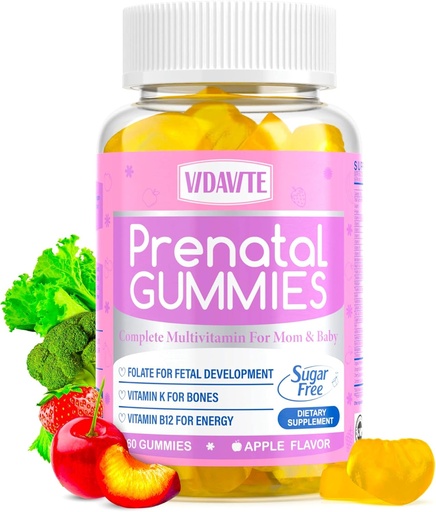 [BRSRMATRAR4AMC3K] Gummies prenatales gratis de azúcar — 30+ Nutrientes (Choline, Folate, Iron, Vitamina) para Apoyo Fetal y Neural, Huesos, Energía e Inmunidad — EE.UU.-Made Vegan Vitaminas Prenatales para Mujeres (60 Gummies)