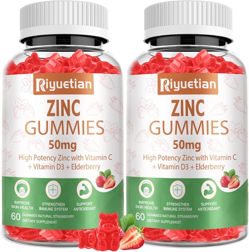 [BRSRAY36AB6GYETO] Zinc Gummies 50mg - Vitamin C, D3 & Elderberry, Echinacea, Zinc Immune Health Gummies, Non-GMO, Natural Antioxidant Supplements for Men & Women, Vegan 2 Pack