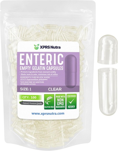 [BRSRAYY6O4FQ2CD7] XPRS Nutra Size 1 Empty Capsules - 100 Count Clear Enteric Coated Empty Gelatin Capsules - Delayed Release Pills - DIY Capsule Filling - Pure Bovine Empty Enteric Gel Caps