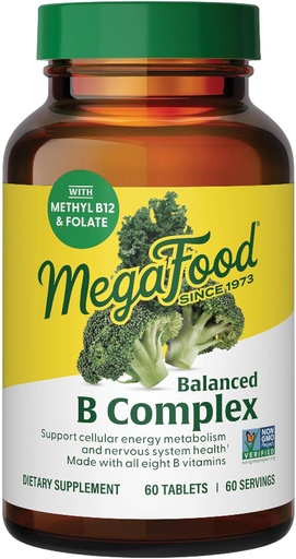 [BRSWIYTYO4GWKAL6] MegaFood Balanced B Complex - B Complex Vitamin Supplement - 8 витаминов B, включая витамин B6, витамин B12, фолат, биотин и многое другое - Поддерживает производство клеточной энергии - Веган, без глютена - 60 вкладок