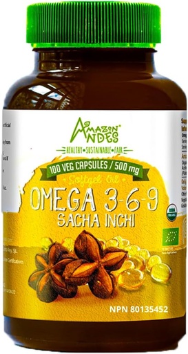 [BRSWGCQ7C4NQ2YLX] Andes Sacha Inchi Oil Kapsle - Zdroj omegas 3, 6 a 9 - Zdravější zdroj esenciálních mastných kyselin - Vegan, Non- GMO, Allergen- free & gluten zdarma - 100 Softgel pilulky (500 mg) - Made in Peru