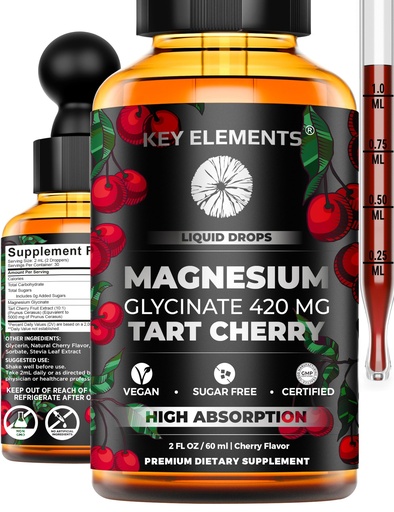 [BRSROCYQOZ7R4CD6] Liquid Magnesium Glycinate 420 Mg with Natural Tart Cherry Extract | Magnesium Glycinate Drops Supplement for Sleep, Mood & Mobility Support | Tart Cherry Extract