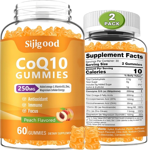 [BRSROCQ5OF6QKA3L] 2 Pack CoQ10 Gummies, Plus Omega-3, Vitamin B3 and Zinc, Magnesium, 5X High Absorption Coenzyme Q10 Supplements, q10 for Boost Cellular Energy, Potent Antioxidant & Brain, Peach Flavor, 120 Cts