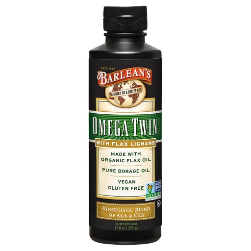 [BRSWIYA7B4JWY3Q3] Barlean's Omega Twin Liquid Flaxseed Oil and Pure Borage Oil Supplement with Lignans, 6,010mg ALA and 465mg GLA Omega Fatty Acids from Organic Flax Seed and Cold Pressed Borage Seeds, 12 oz
