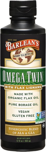 [BRSWIYA7B4JWY3Q3] Barlean-en Omega Likido Bikidun Olioa eta Asegai Purea Lignans-ekin, 6,010mg ALA eta 465mg GLA Omega gantz-azidoak Flax Seed eta Cold Pressed Borage Haziak, 12 oz
