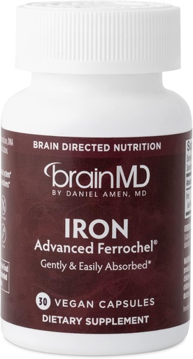 [BRSW2HYNBUPGC3DV] BRAINMD Dr Amen Iron - 30 Capsules - Supports Energy Production, Cognitive Function & Gene Regulation - Gentle & Easily Absorbed - Gluten Free - 30 Servings