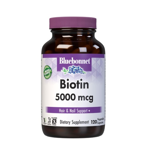 [BRSWIY33A4JR2EDE] Bluebonnet Nutrition Biotin 5000 mcg, Hair & Nail Support*, Non-GMO, Vegan, Kosher Certified, Gluten-Free, Soy-Free, Dairy-Free, 120 Vegetable Capsules, 120 Servings
