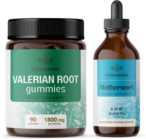 [BRSRAGIRBUPGMG3Z] HERBAMAMA Valerian and Motherwort Kit - Bundle of 1800 mg Valerian Root Gummies & Motherwort Liquid Drops - Vegan, Non-GMO, Gelatin & Alcohol-Free - 2 Pack