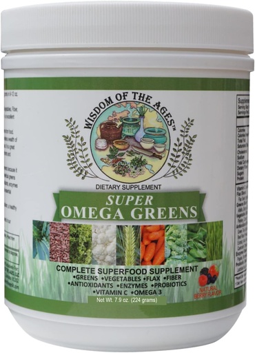 [BRSWGGT4OIPRAAIV] Super Omega Greens Suplemento completo de Superalimentos con Verdes, Verduras, Flax, Fibra, Antioxidantes, Enzimas, Probióticos, Vitamina C y Omega 3-7.9oz Polvo