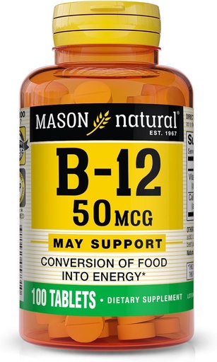 [BRSWIFYLAQNBCGA7] MASON NATURAL Vitamina B12 50 mcg cu calciu, 100 de zile de aprovizionare, Supliment alimentar pentru a sprijini nivelurile de energie naturală, 100 comprimate (pachetul de 1)