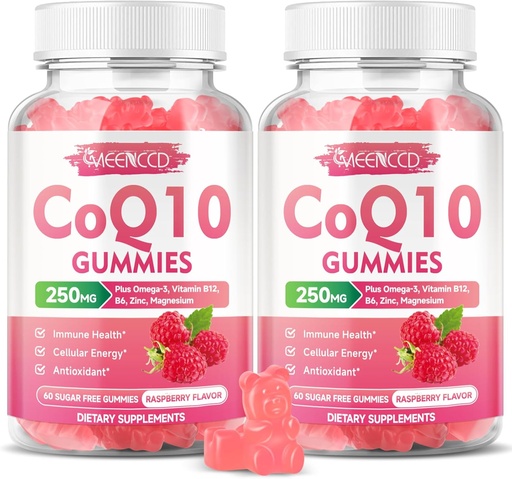[BRSRAEAEOUAQO2TD] Azukrerik gabeko CoQ10 Gummies 250mg, Coenzyme Q10 gehigarriak Plus Omega-3, B6 bitamina eta zinka, Absorption CoQ10 gehigarria Cellular Energy & Antioxidant euskarria, Raspberry Flavor, Vegan 120Cts