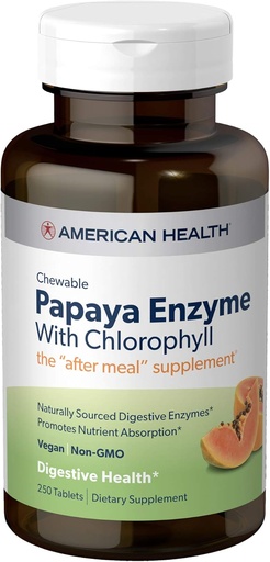 [BRSWIYTYOUPACAA7] American Health Papaya Enzyme Chewable Tablets - Promueve la Absorción Nutriente, Ayuda la Digestión y el Respirador de Frenos con Clorophyll & Pepermint Oil - Sin gluten, Vegetariano - 250 Conde