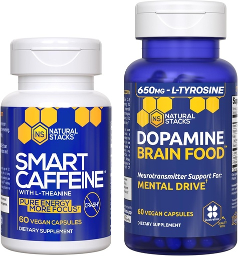 [BRSRA2YFOACBMCDB] NATURAL STACKS Smart Koffein + Dopamine Brain Food Bundle - støtter energi, fokus og mental drift* - 120 Totale kapsler
