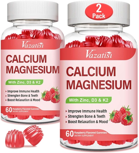 [BRSRAYA6DIJW2H3B] Calcium Magnesium Zinc Gummies עם ויטמין D3 & K2, High Absorption Magnesium Glycinate Potassium עבור Immune ו Calm Mood, Raspberry Flavor 120 חניכיים