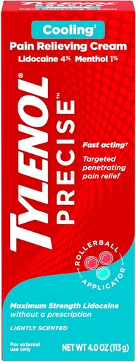 [BRSROYIDAUDRSA3G] Tylenol Precise Cooling Numbing Cream, Maximum Strength 4% Lidocaine & 1% Menthol Topical Analgesic, Smärta Relief Cream för Back, Muscle & Joint, Rollerball Applikator, Fast-Acting, Light Scent, 4 oz