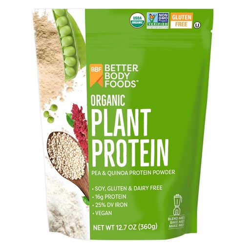 [BRSWECTQOEDRGD3A] BetterBody Foods Organic Plant Based Protein Powder, 16g of Protein 24% DV, Vegan, Low Net Carbs, Gluten Free, Dairy Free, No Sugar Añadido, Soy Free, Non-GMO, 12.7 Ounces
