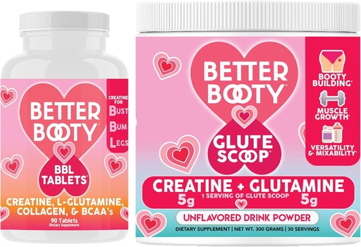 [BRSRAYL3OYFQYH3J] Angry Supplements Better Booty Women 's Creatine Combo: BBL Tablets (90ct) w. Kreatyna, Glutamina, BCAA' s, Collagen + Glute Scoop Creatine & Glutamina Unflavored Drink Mix