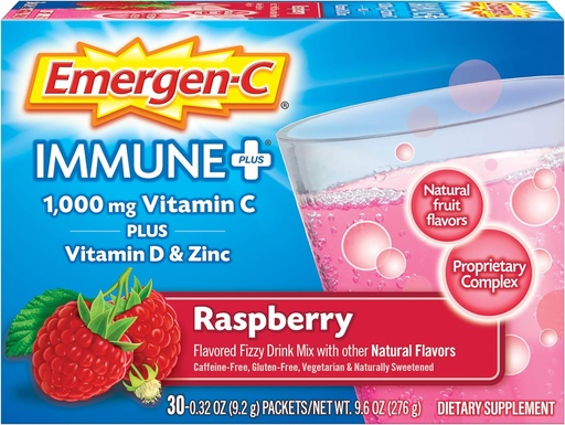 [BRSWKYQPAF4W2EI7] Emergen-C Immune+ 1000mg Vitamin C Powder, con vitamina D, zinc, antioxidantes y electrolitos para la inmunidad, Immune Support Suplemento dietético, Raspberry Flavor - 30 Conde/1 Mes de suministro
