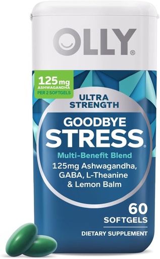 [BRSWYHQYDEFAM2TB] OLLY Ultra Strength Bye Stress Softgels, GABA, Ashwagandha, L-Theanine y Lemon Balm, Stress Relief Supplement - 60 Count
