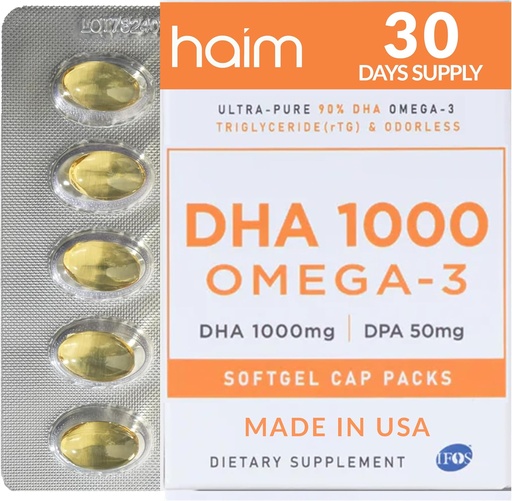 [BRSROGIOCIIQ4DLJ] HAIM DHA 1000 Omega-3 Huile de poisson - 90% Pureté avec 1000mg DHA, 50mg DPA - Supplément d'huile de poisson à haute puissance pour le cerveau, l'oeil et le coeur - Promotion du bien-être et de la concentration - 1 boîte, 60 Softgels