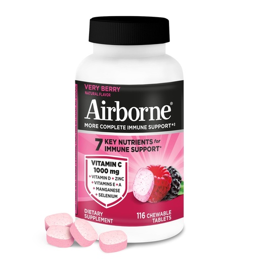 [BRSWI237DINQOD3M] Airborne 1000mg Vitamin C + Zinc Immune Support Supplement Chewable Tablets, Very Berry Flavor with Powerful Antioxidants Vitamins A C & E, 116 Chewable Tablets