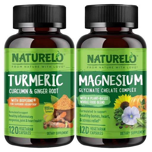 [BRSROFAOOANAYDQU] NATURELO Tumeric Curcumin, Plant Based Joint Support, Magnesium Glycinate, 200 mg Magnesium - Gluten Free, Non GMO - 120 Capsules