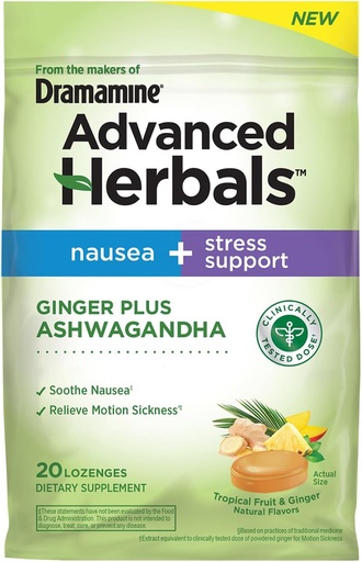 [BRSROHQ6CMGQ223O] Dai Maker di Dramamine, Advanced Herbals Ginger & Ashwagandha Lozenges, per Nausea Relief & Stress Support, Tropical Fruit and Ginger Flavor, 20 Count