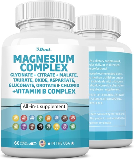 [BRSRAFQ5AABREG35] 60 Count Magnesium Complex 2285mg with Magnesium Glycinate Citrate Malate Oxide Taurate Aspartate Gluconate Orotate & Mag Chloride, Zinc Copper Manganese & Vitamin C B1 B2 B6 B12 Complex USA