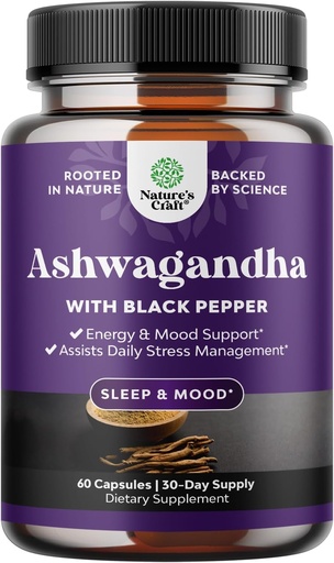 [BRSWGYAHPIAWYYL5] Organic Ashwagandha Root Powder 60 Capsules - Ashwagandha with Black Pepper Extract Powder Supplements for Relax, Sleep & Immune Support for Women & Men - Organic Whitania Somnifera Root Supplements