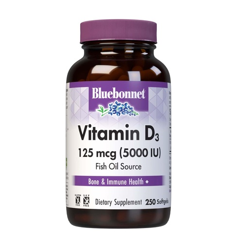 [BRSWIFARBYDQGGA5] Bluebonnet Nutrition Vitamin D3 5000 IU Softgels, Aids in Muscle and Skeletal Growth, Cholecalciferol from Fish Oil, Non GMO, Gluten Free, Soy Free, Dairy Free, Yellow, 250 Softgels