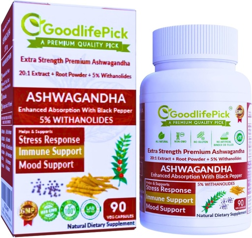 [BRSRMBA6O4OWKG3P] Premium Ashwagandha Capsules with Black Pepper. Powerful 5% Wthanolides from Ashwagandha Powder & 20:1 Extract 90 ct. Natural NonGMO NO Rice Powder NO Filler