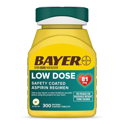 [BRSWIYYFAUHQIDIZ] Bayer Aspirin Low Dose 81 mg, Enteric Coated Tablets, Doctor Recommended, Secondary Prevention of Cardiovascular Disease, 300 Safety Coated Tablets (Packaging may vary)