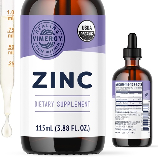 [BRSWGGLROIDQO3A3] Vimergy Organic Zinc Integratori Per Donne & Uomini (7.5mg Liquid Zinc Per Serving) Fast-Absorbing Supporto Immune, Promuove Sani Bones & Skin, Certificato USDA Organico, Vegan, Fino a 57 Serve (115 mL)