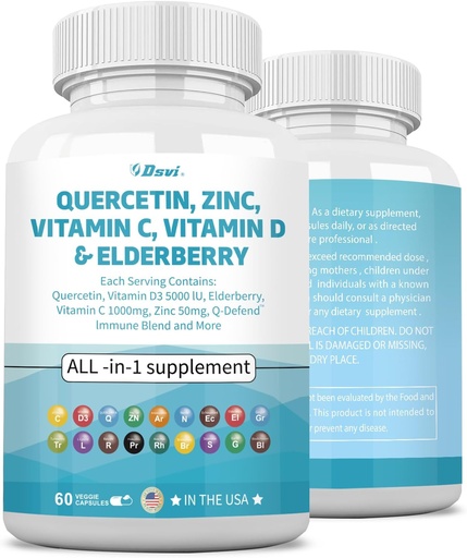 [BRSRAZA6OV6WMFIY] Quercetin 1000mg Zinc 50mg Vitamin C 1000mg Vitamin D 5000IU Immune System Support Supplement with Echinacea Ginger Bromelain Sea Moss Garlic Nettle Vegan Capsules for Men and Women,60 Count USA