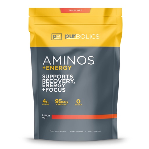 [BRSWGYDYOYAWCYLX] Purbolics Aminos + Energy | Supports Recovery, Energy & Focus | 95mg of Caffeine, 0 Sugar & 60 Servings (Punch Out)