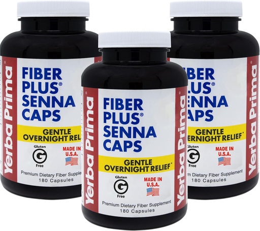 [BRSWGGTQB4OWAF3H] Yerba Prima Fiber Plus Senna Capsules, 180 Count (3 Pack) - Gentle Overnight Relief, USA Made, Non-GMO, Gluten-Free
