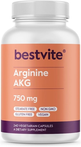 [BRSROATRA56B4GT7] BESTVITE Arginine AKG 750mg (240 Vegetarian Capsules) - No Stearates - Vegan - Non GMO - Gluten Free